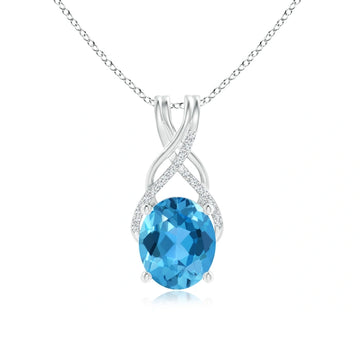 Oval Swiss Blue Topaz Solitaire Natural Diamond Necklace