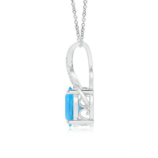 Oval Swiss Blue Topaz Solitaire Natural Diamond Necklace