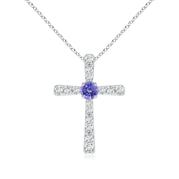 Round Tanzanite Cross Natural Diamond Necklace