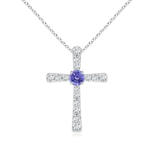 Round Tanzanite Cross Natural Diamond Necklace