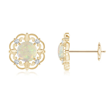 Round Opal Vintage Natural Diamond Earrings