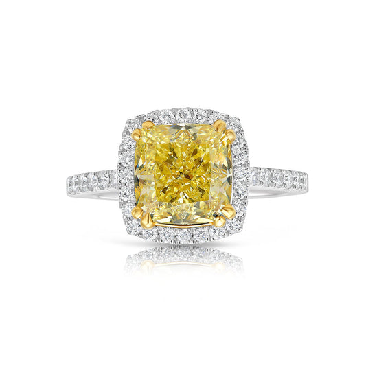 3ct Fancy Yellow Cushion Cut Halo Diamond Engagement Ring