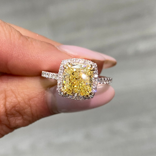 3ct Fancy Yellow Cushion Cut Halo Diamond Engagement Ring