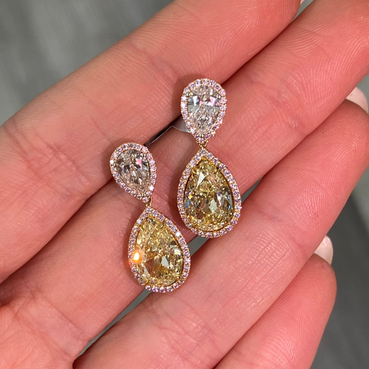 3 Carat Each Light Yellow Pear Shape Diamond Drop Earrings