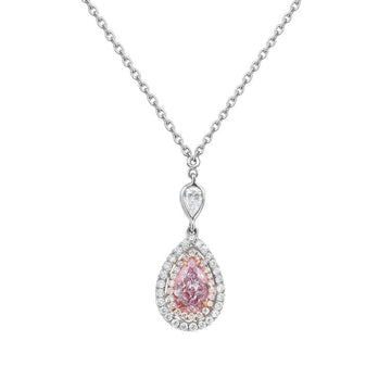 Pink Pear Diamond Double Halo Drop Pendant Necklace