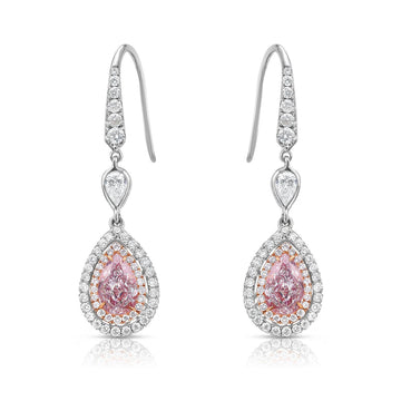 Pink Pear Diamond Double Halo Drop Earrings