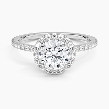 Round Lab Diamond - Pave with Halo - Solitaire Engagement Ring in 18k White Gold