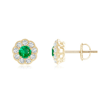 Round Emerald Vintage Natural Diamond Earrings