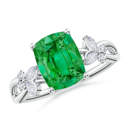 Cushion Emerald Natural Butterfly Diamond Ring