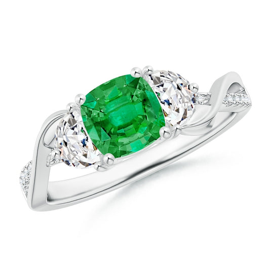 Cushion Emerald Half Moon Natural Diamond Ring