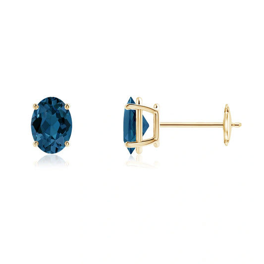 Oval London Blue Topaz Prong Natural Diamond Earrings