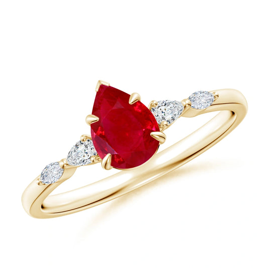 Pear Ruby Engagement Side Stone Natrural Diamond Ring