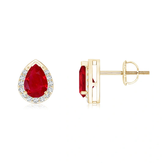 Pear Ruby Border Natural Diamond Earrings