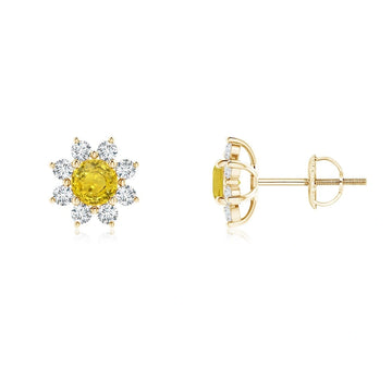 Round Yellow Sapphire Flower Natural Diamond Earrings